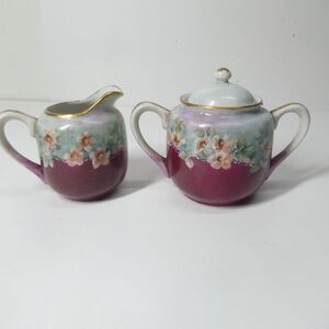 Creamer & Sugar Bowl Vintage Porcelain Floral Handpainted Signed Occupied Japan